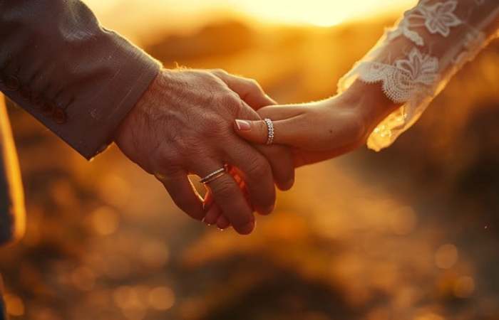 couple holding hands with wedding rings